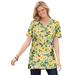 Plus Size Women's Perfect Printed Short-Sleeve Shirred V-Neck Tunic by Woman Within in Primrose Yellow Painterly Bloom (Size M)