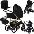 Baby Pram Buggy Stroller for Toddler with Infant Car Seat Foldable Pushchair 3 in 1 Travel System from Birth (Black)
