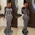 Robe de soirée longue en strass pour femmes tenue de luxe en maille transparente à manches longues