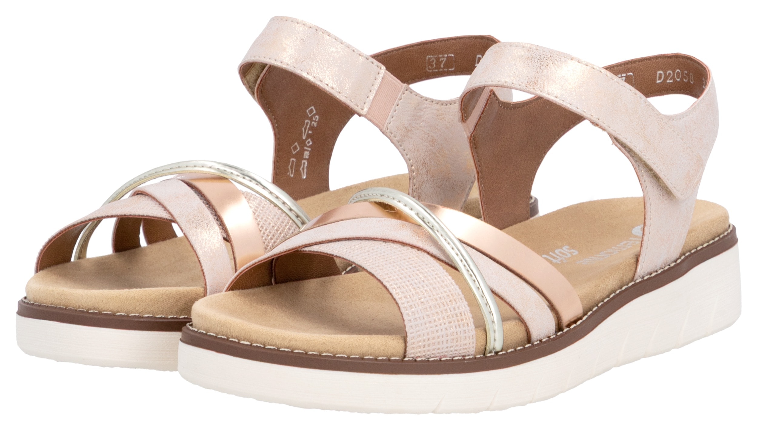Riemchensandale REMONTE, Damen, Gr. 39, rosa (rosé, roségoldfarben, goldfarben), Lederimitat, metallic, Schuhe Riemchensandale, Keilabsatz, Sommerschuh, Sandalette mit herausnehmbarer Softeinlage