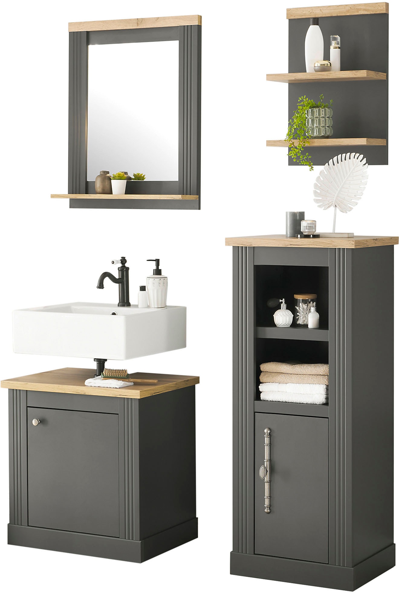 Badmöbel-Set HOME AFFAIRE "WESTMINSTER, Bad im Landhausstil, 4-teiliges Badezimmer", grau (grau dunkel), B/H/T: 130cmcm x 200cmcm x 46cmcm, Kastenmöbel-Sets Image