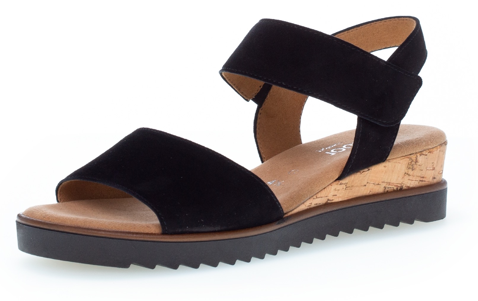 Sandalette GABOR "GENUA", Damen, Gr. 38, schwarz (schwarz, schwarz), Ziegenveloursleder, Schuhe Sandalette, Sommerschuh, Sandale, Keilabsatz, mit kleinem Stretch, Weite G