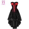 Robe Corset en Brocade d'acier désossé rouge et noir Steampunk surbuste vêtement de fête