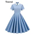 Tonval-Robe trapèze mi-longue vintage pour femmes col claudine boutons sur le devant robes de