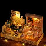 Cheers US DIY Miniature Doll House kit DIY Cottage Doll House Courtyard W/ Dolls Pets Furniture Pretend Playset for Toddlers 3 4 5 6 Years Old