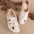 Sandales gladiateur rétro d'été pour femmes chaussures plates à enfiler en cuir véritable