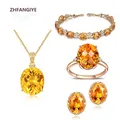 Ensemble de bijoux ovales en Citrine et Zircon pour femme boucles d'oreilles collier Bracelet