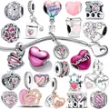 Perles de charme coeur rose métallique en argent regardé 925 pour femme convient à Pandora 925