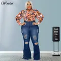 Wmstar-Jean grande taille pour femme pantalon évasé en denim poches solides taille haute à la