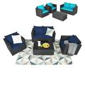 Gymax 4PCS Rattan Patio Conversation Set Outdoor Furniture Set w/ Navy & Turquoise Cushions