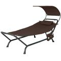 FONIRRA Outdoor Lounge Chair with Canopy Patio Chaise Lounge Chair w/ Cushion Pillow & Storage Bag Brown