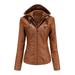 Women s Removable Hooded Faux Leather Jacket Moto Biker Coat XS-7XL