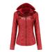 Women s Removable Hooded Faux Leather Jacket Moto Biker Coat XS-7XL