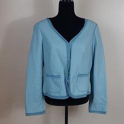 Nine West Jackets & Coats | Nine West Women Sky Blue Very Soft Leather Jacket Crochet Trim Size L | Color: Blue | Size: L