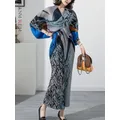LANMREM-Robe longue plissée à manches chauve-souris pour femmes robes imprimées col en V