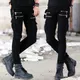 Jeans skinny de moto plissés pour hommes pantalons en denim noirs pantalons slim de motard