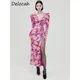 Delocah – robe Midi fendue pour femme manches longues imprimé Floral chemise crayon mode