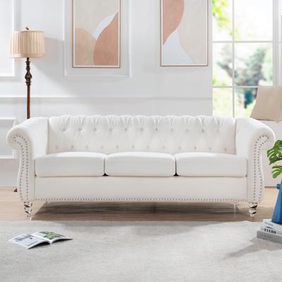84" Velvet Cream White Rolled Arm Chesterfield Style Three Seater Sofa with silver Nailhead and Cleanable Cushions