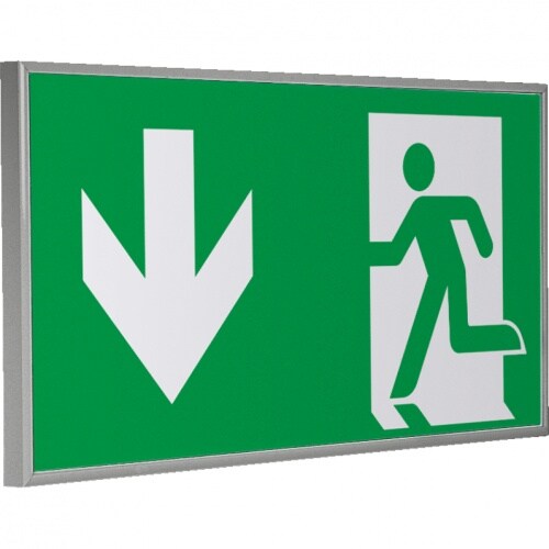 Schild | Rettungszeichen Notausgang, im Rahmen silbermatt, Kunststoff, 300x150mm, ASR A1.3, DIN EN ISO 7010 E001 Image