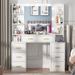 Everly Quinn Pradep 43" Makeup Vanity w/ 3 Lighting Colors Wood in White | 55.19 H x 43.3 W x 15.74 D in | Wayfair CB2749893FD249FD9BECDA054C005684