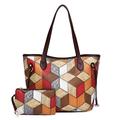 Downupdown Vintage Women Handbags and Purse Set Multicolor Patchwork Tote Bags Soft Leather Shoulder Bag Zipper Wallet 2 Pcs, Red, One Size