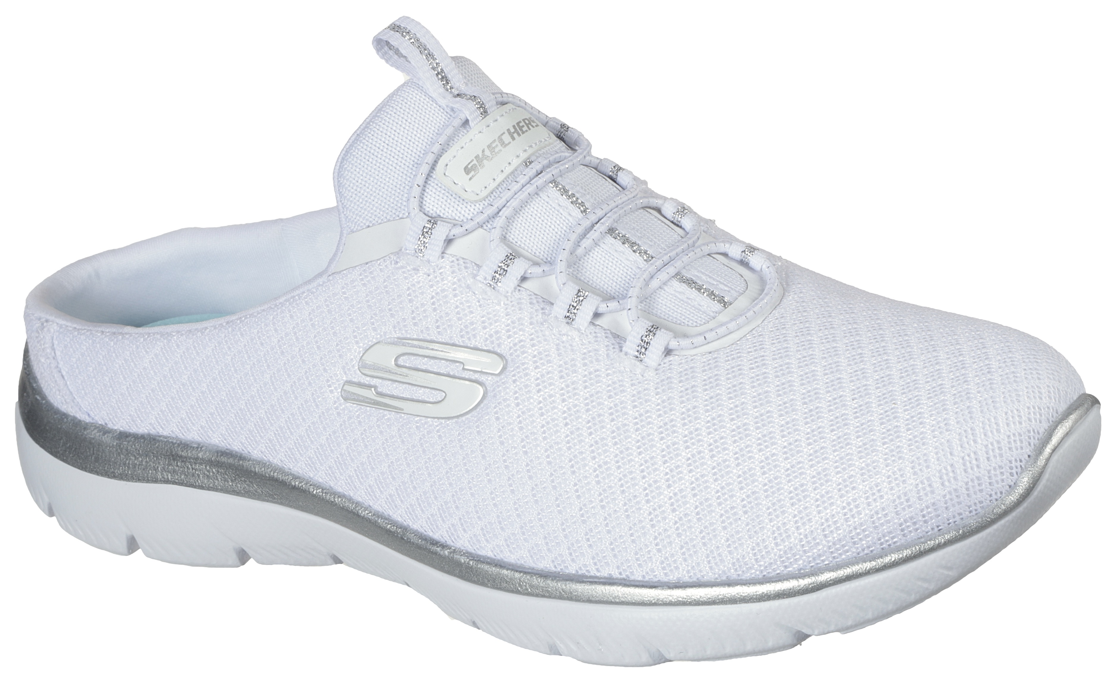 Sabot SKECHERS "SUMMITS SWIFT STEP", Damen, Gr. 36, weiß, Textil, Schuhe Sabot, Sommerschuh, Schlappen, Schlupfschuh in veganer Verarbeitung