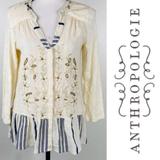 Anthropologie Tops | Anthropologie C.Keer Spry Boundary Blouse Cream Embroidered Beaded Size Xs | Color: Blue/Cream | Size: Xs