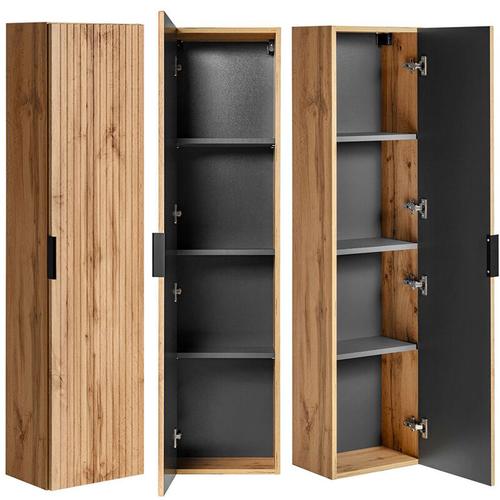 Badezimmer Hochschrank 1-türig ADELAIDE-56 in Wotan Eiche gerillt, B/H/T: 35/140/25 cm