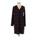 Ann Taylor Factory Casual Dress - Shift V Neck Long sleeves: Burgundy Checkered/Gingham Dresses - Women's Size X-Small