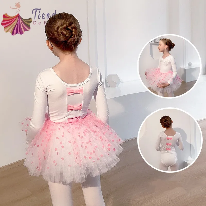 Jupe en gaze blanche à pois roses, robe de Ballet pour filles, vêtements de danse pour enfants, automne et hiver, vêtements d