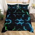 Teal Green and Black Print Duvet Cover Hexagonal Bedding Set Kids Boys Teens Honeycomb Decor Comforter Cover Beehive Geometric Bedspread Cover Bedroom Collection 3Pcs King Size