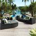 7-piece Outdoor Wicker Sofa Set Modern Conversation Sets Rattan Sofa Lounger with Striped Green Pillows and Upholstered Cushion