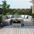 7 Piece Patio Furniture Sets Outdoor Sectional Patio Conversation Set Wicker Rattan Sofa Chair Set with Cushion and Glass Table