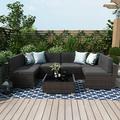 7 Piece Patio Furniture Sets Outdoor Sectional Patio Conversation Set Wicker Rattan Sofa Chair Set with Cushion and Glass Table