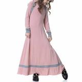 Muslim Long Dress for Kid Big Girl Medium Long Sleeve Round Neck Solid Color Dress Patchwork Mid-length Dress Pleated Flowy Payer Dress