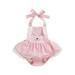 hirigin Easter Infant Baby Girls Romper Cartoon Print Rabbit Ears Tie-Up Halter Neck Sleeveless Backless Lace Trim Ruffles Jumpsuits