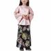 Muslim Long Dress Two Pieces Sets Medium Big Girls Long Sleeve Round Neck Satin Cloark and Floral Print Long Dress Graphic Skirt Sets