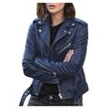 Ecqkame Women s Faux Leather Belted Motorcycle Jacket Long Sleeve Zipper Fitted Fall and Winter Fashion Moto Bike Short Jacket Coat Blue 4XL