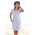 Jerseykleid BEACHTIME, Damen, Gr. 34, N-Gr, blau (blau, creme, bedruckt), Jersey, Obermaterial: 65% Baumwolle, 35% Polyester, bedruckt, geblümt, casual, figurumspielend kniefrei, Rundhals, Kurzarm, Kleider, mit Blumenmuster und Taschen, Sommerkleid...