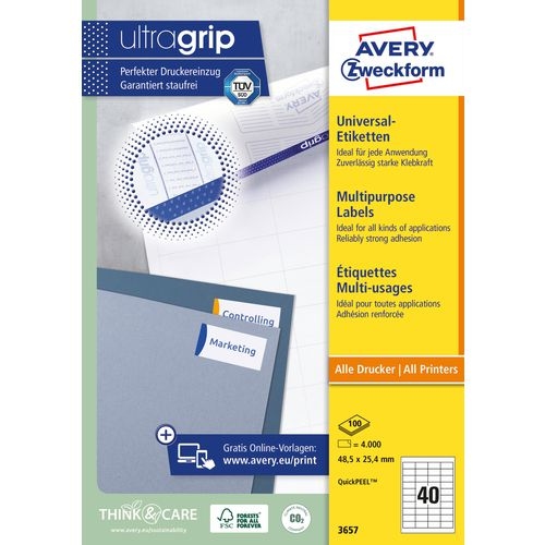 AVERY Zweckform Abziehhilfe QuickPEEL,ultragrip Universaletiketten 3657 Selbsthaftend DIN A4 Weiß 48,5 x 25,4 mm 100 Blatt à 40 Etiketten Image