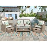 Patio Furniture Set, 4 Piece Outdoor Conversation Set All Weather Wicker Sectional Sofa with Ottoman & Cushions, Hidden Storage