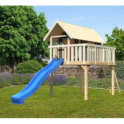 Spielturm AKUBI "Fidel", grau (terragrau), Spieltürme, KinderB:198cm H:329,5cm T:243cm, Holzwerkstoff, BxTxH: 198x243x330 cm, mit Rutsche in blau, B:198cm H:329,5cm T:243cm