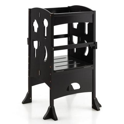 Costway Folding Wooden Step Stool with Lockable Safety Rail for Toddler 3+-Coffee