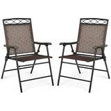 Set of 2 Patio Chairs Outdoor Folding Lawn Chairs for Beach Backyard Deck Patio Dining Chairs Sling Chairs with Armrest and Metal Frame Folding Camping Chairs (Brown)