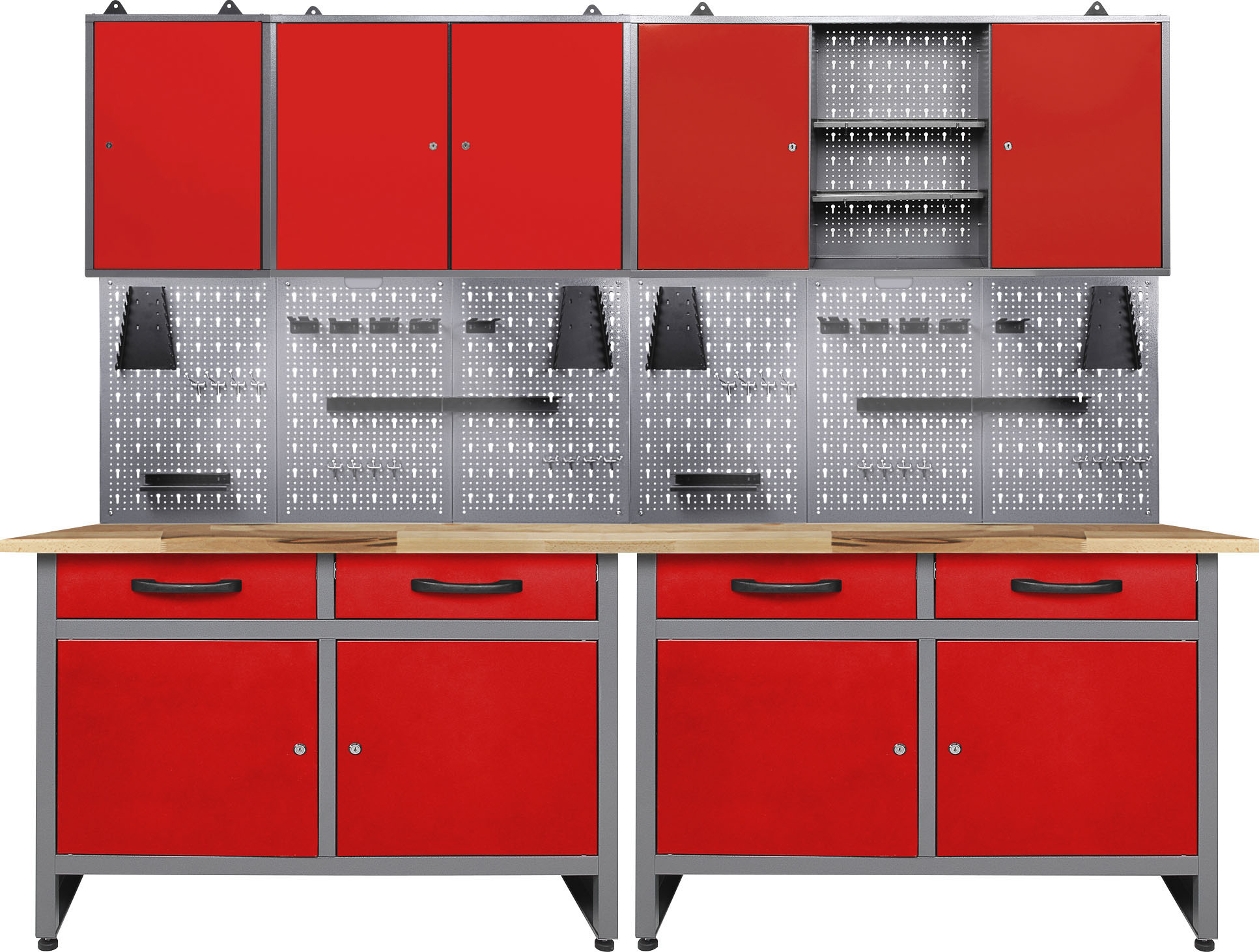 Werkstatt-Set ONDIS24, rot (anthrazit, rot), B:240cm H:205cm T:60cm, Metall, Werkbänke, 240 cm, mit 2 LED Lampen