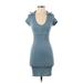 Antistar Casual Dress - Bodycon Plunge Short sleeves: Blue Print Dresses - Women's Size X-Small