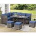 AECOJOY 7 Pieces Outdoor Conversation Set Wicker Sectional Sofa Couch Dining Table Chair with Ottoman and Throw Pillows