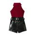 Canrulo Toddler Baby Girl Kids Summer Clothes Sleeveless Ribbed Top Pu Leather Shorts with Belt 3Pcs Elegant Outfits Wine Red 3-4 Years