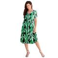 Plus Size Women's Ultrasmooth® Fabric V-Neck Swing Dress by Roaman's in Green Palm Leaves (Size 30/32) Stretch Jersey Short Sleeve V-Neck