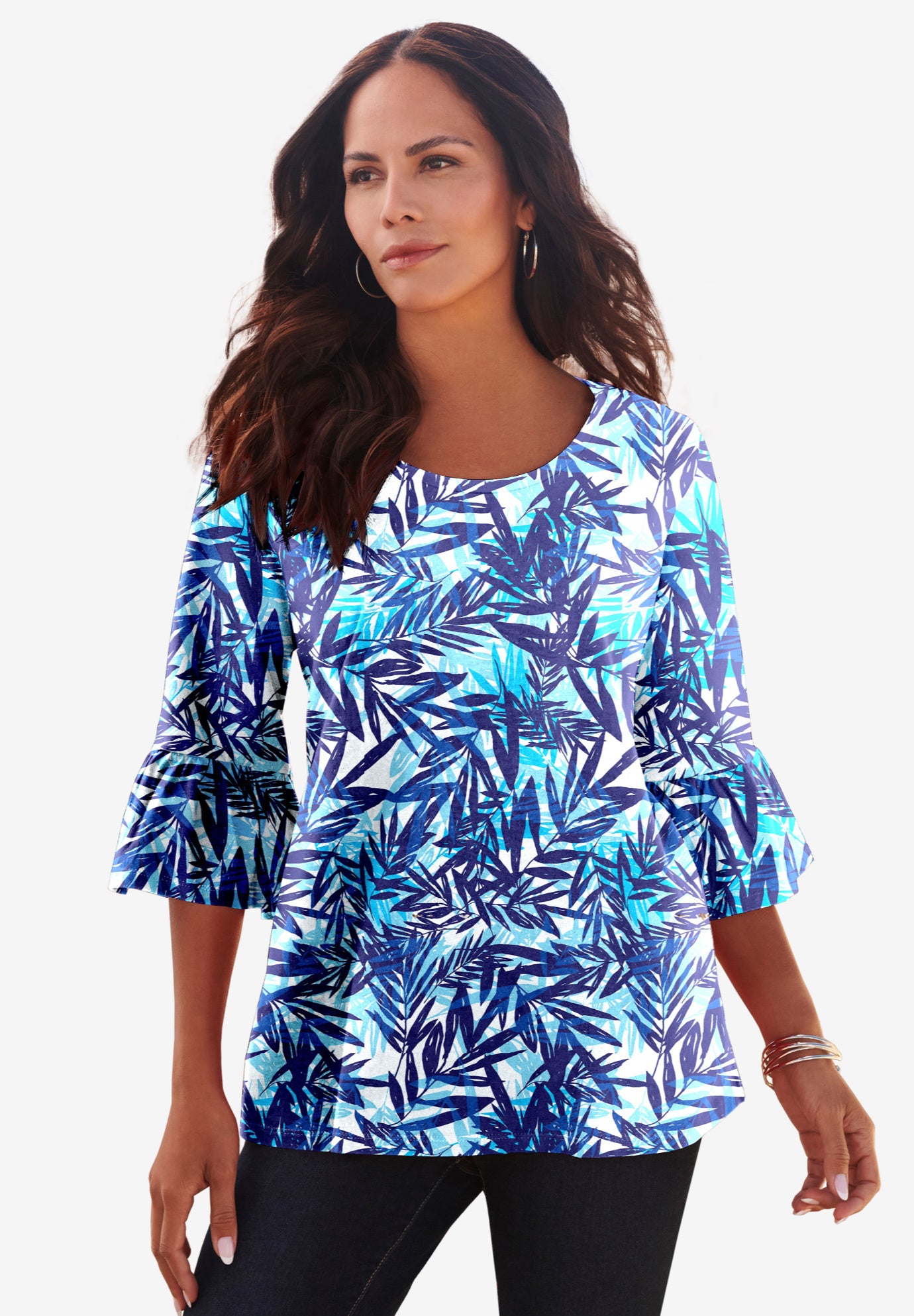 Plus Size Women's Plus Size Cotton Ultimate Bell Sleeve Tee by Roaman's in Ocean Tropical Leaves (Size 12) Shirt